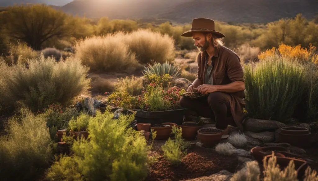 An individual in a wide-brimmed hat is tending to various herbs and plants in pots, surrounded by native Arizona vegetation under a warm, glowing light at sunset.