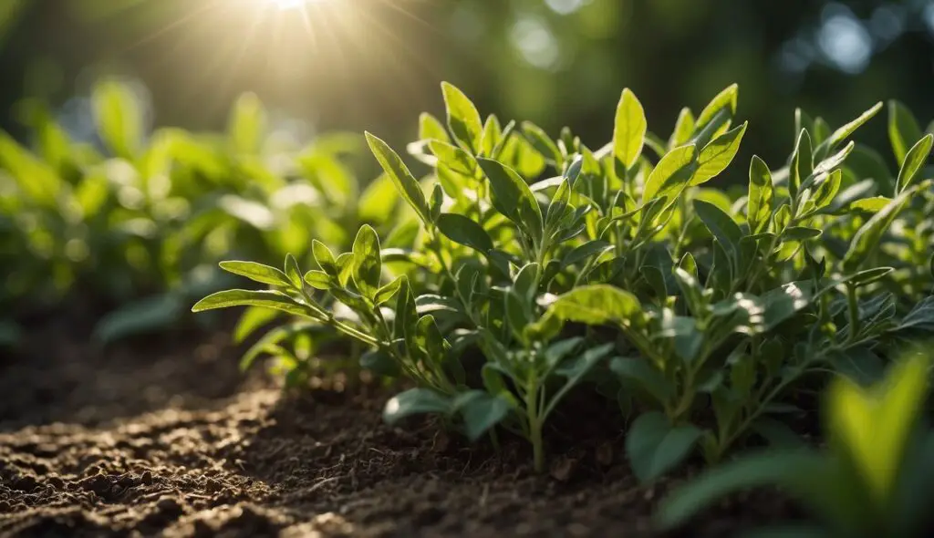 A close-up view of vibrant green herb plants growing in rich soil, bathed in the warm sunlight filtering through the trees.