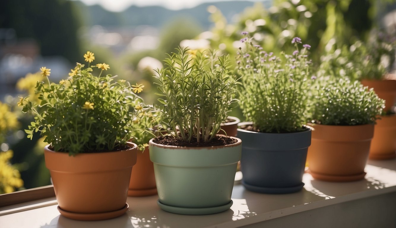 A variety of herbs growing in colorful pots on a sunny balcony.