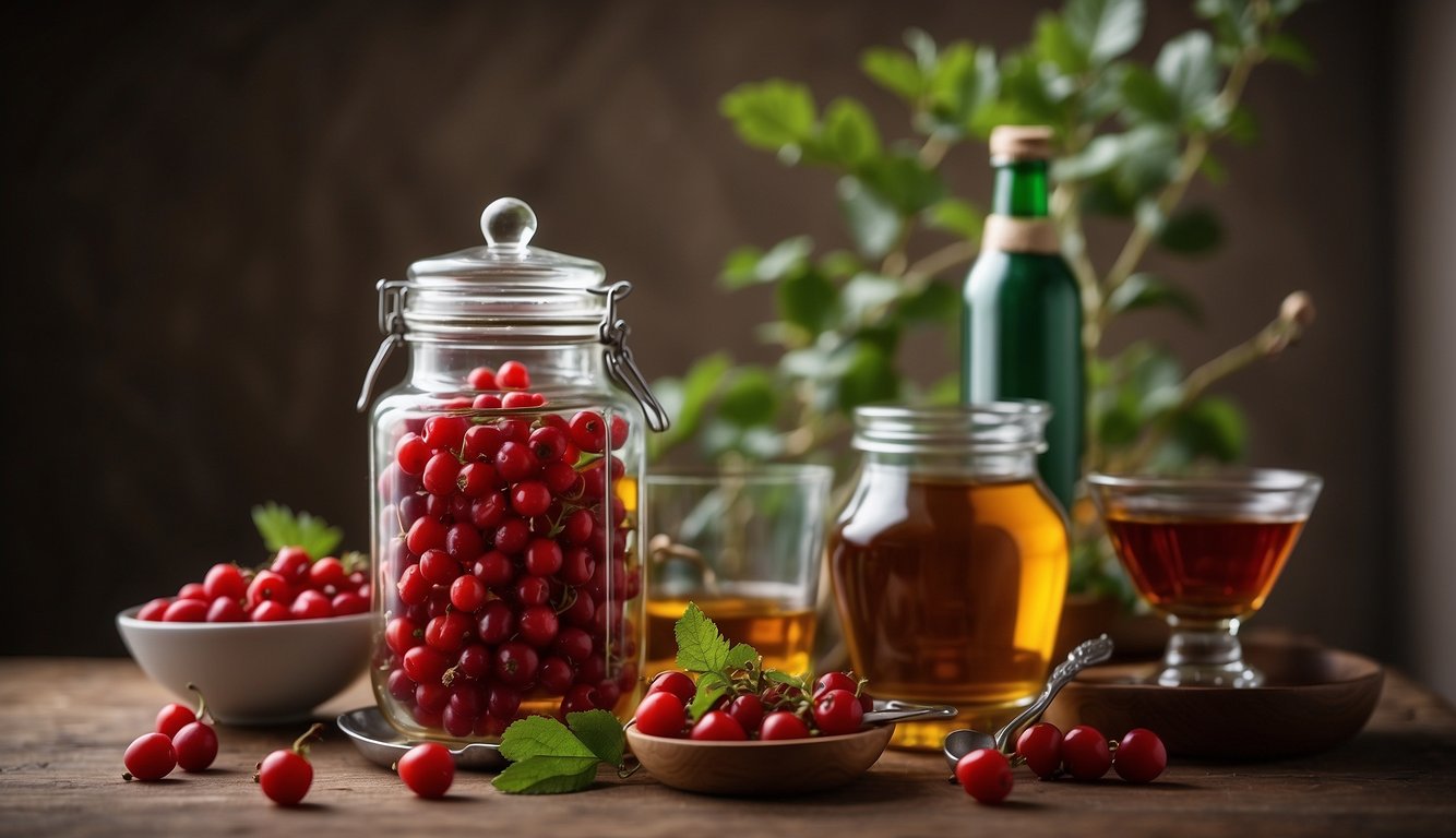 A glass jar filled with red hawthorn berries, a bottle of tincture, and a small bowl of berries on a wooden surface with green hawthorn branches in the background.