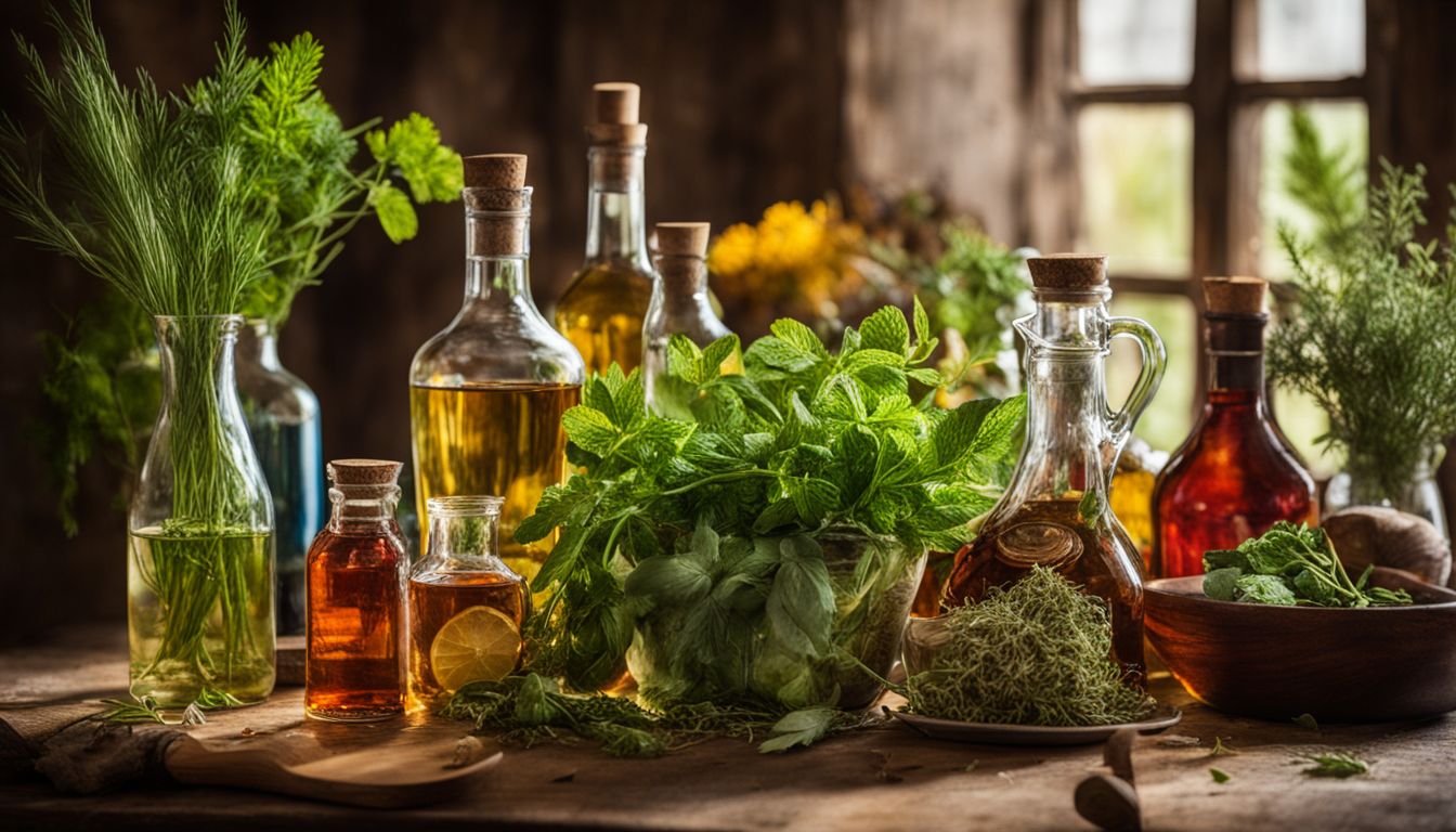 A variety of herb-infused liquors displayed in glass bottles, surrounded by fresh herbs on a rustic wooden table.