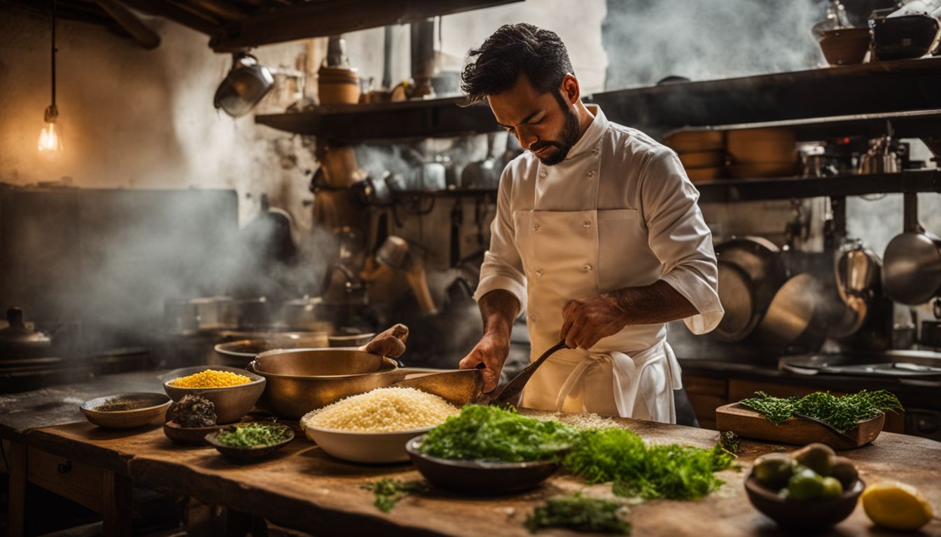 A chef preparing herb lemon rice in a rustic kitchen, surrounded by fresh ingredients.
