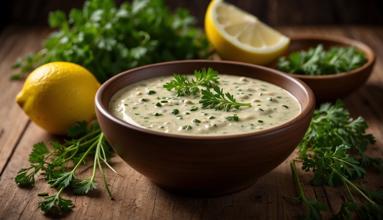 A bowl of creamy herb tahini sauce garnished with fresh parsley, surrounded by a whole lemon, sliced lemon, and more fresh parsley on a rustic wooden table.