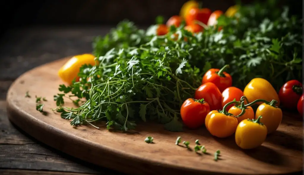 A bunch of fresh cilantro and colorful cherry tomatoes on a wooden cutting board.