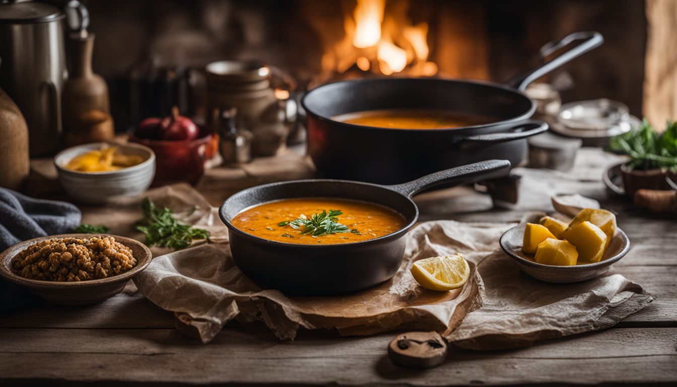 A rustic kitchen setting with a cast iron skillet filled with herb velouté sauce, garnished with a sprig of fresh herbs. Surrounding the skillet are ingredients and utensils, including a pot of soup, cubes of butter, lemon wedges, and bowls containing various herbs and spices.