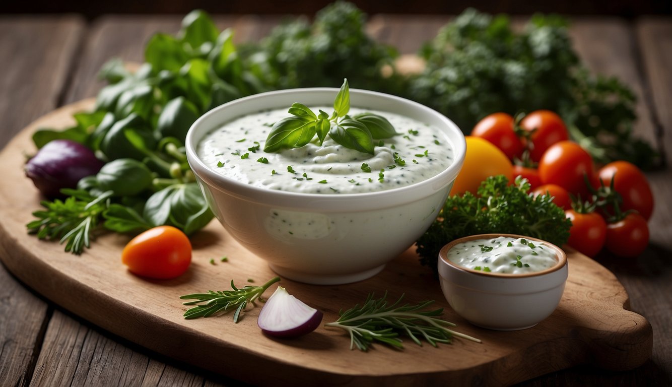 A bowl of creamy herb yogurt dip garnished with fresh basil, surrounded by assorted fresh vegetables and herbs on a wooden board.