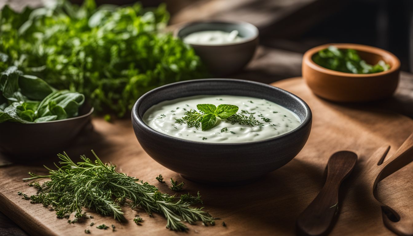 A bowl of herb yogurt sauce garnished with fresh mint, surrounded by assorted herbs on a wooden surface.