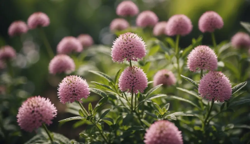 A close-up view of a herb with multiple pink flowers blooming amidst green leaves.