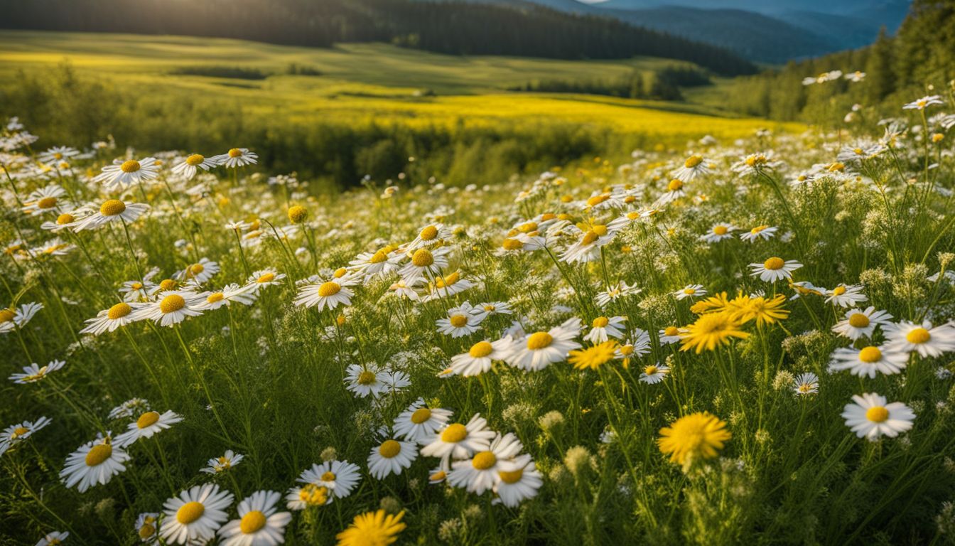 A field of white and yellow flowers amidst lush greenery, with a backdrop of rolling hills under a bright sky.
