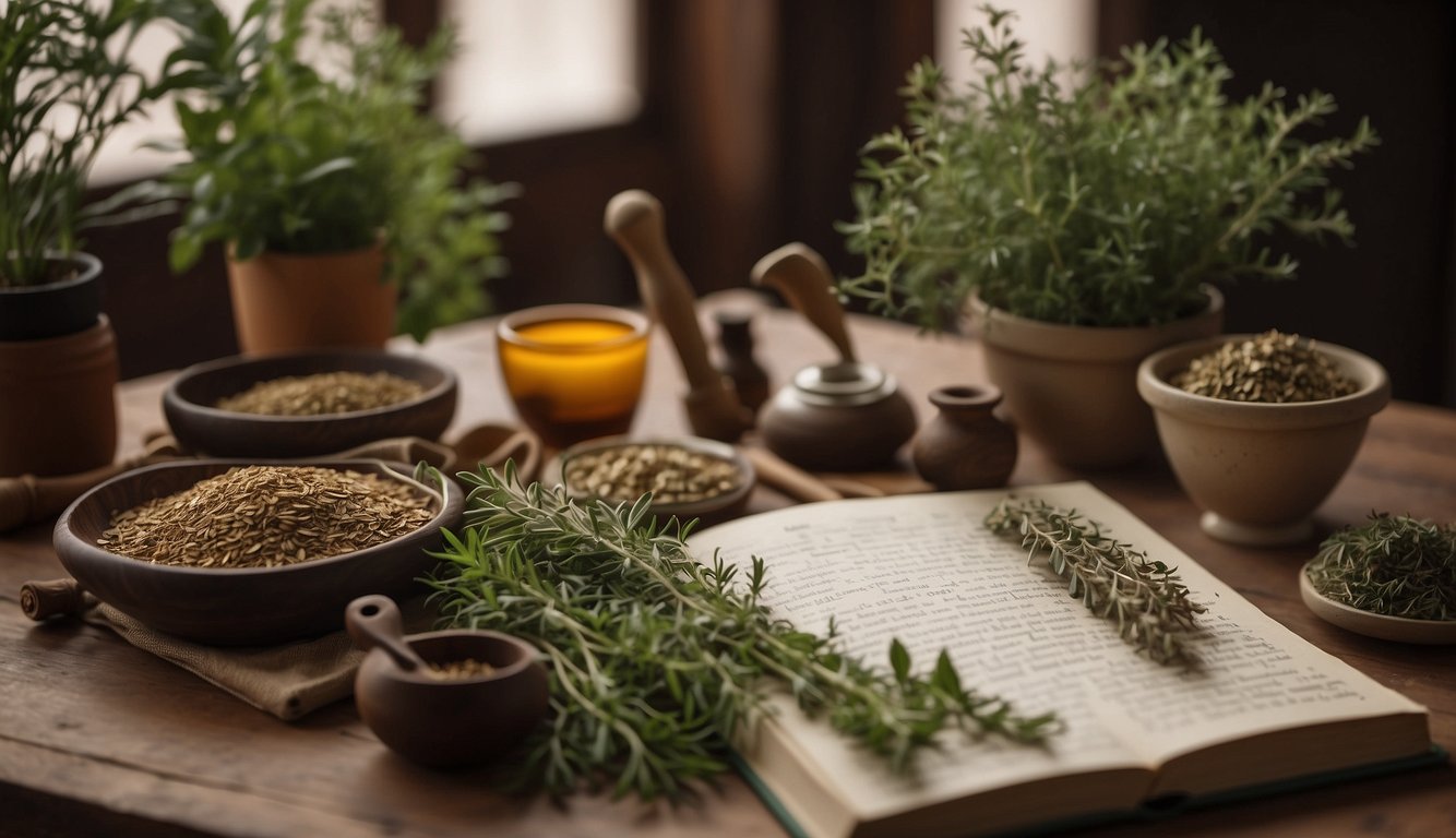 A variety of herbs in pots and bowls surrounding an open book on a wooden table.