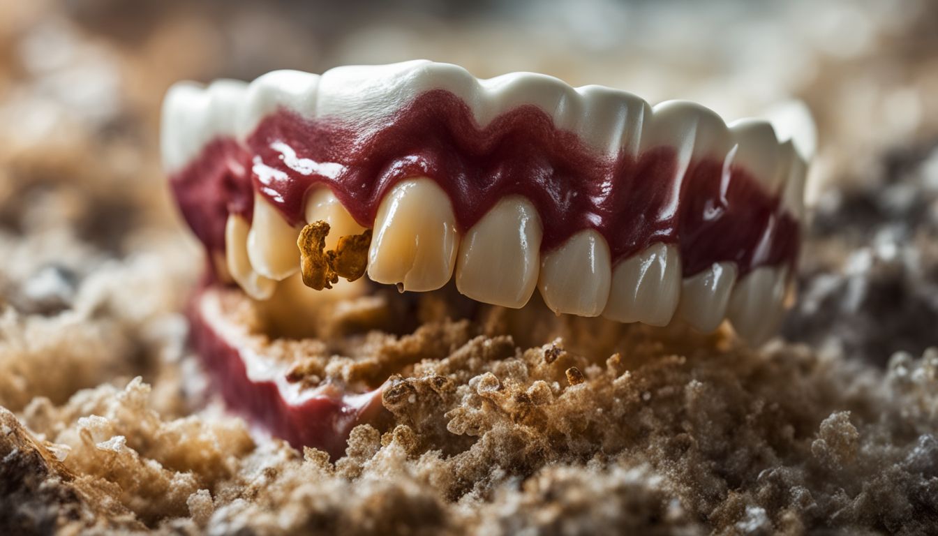 A close-up image of a set of dentures with a tooth infection, placed on a textured surface.