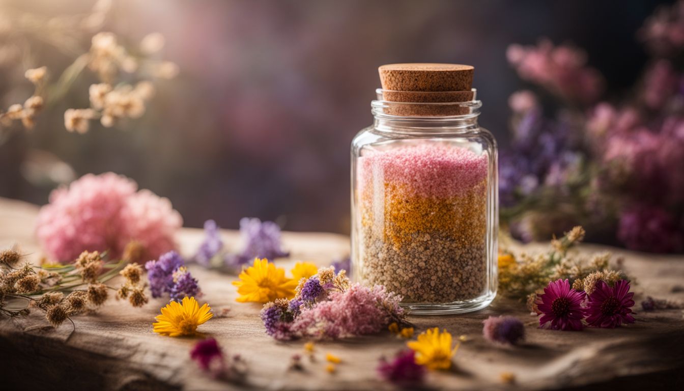 A clear glass jar with a cork stopper filled with layered pink and yellow bath salts, surrounded by vibrant dried flowers on a wooden surface, suggesting a natural and homemade herbal bath recipe.
