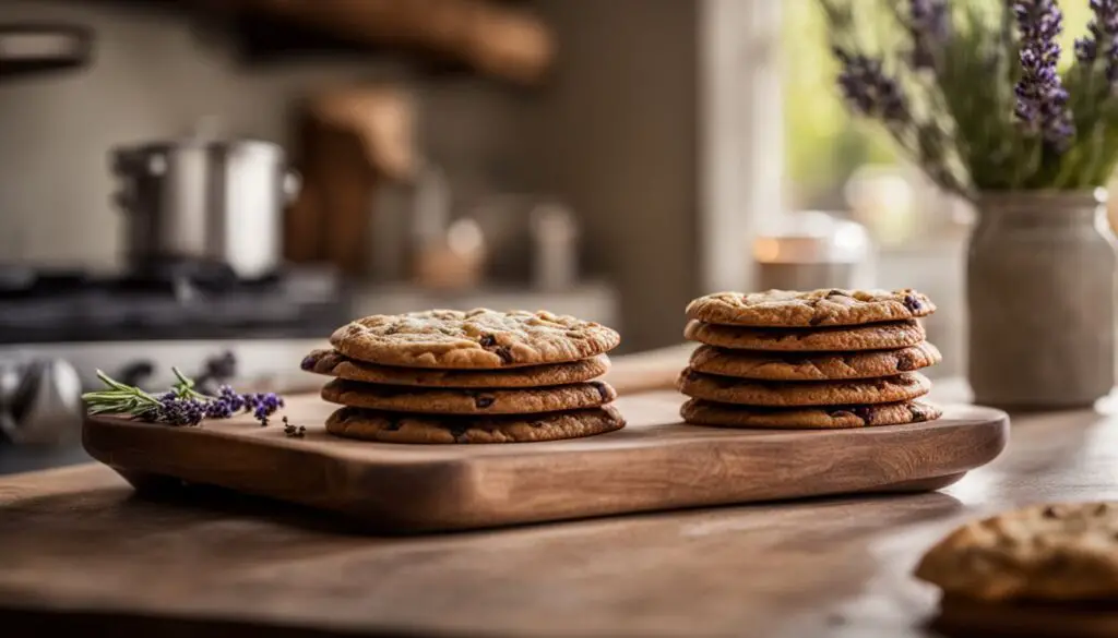 A stack of freshly baked herbal cookies on a wooden board, garnished with sprigs of lavender, in a cozy kitchen setting.
