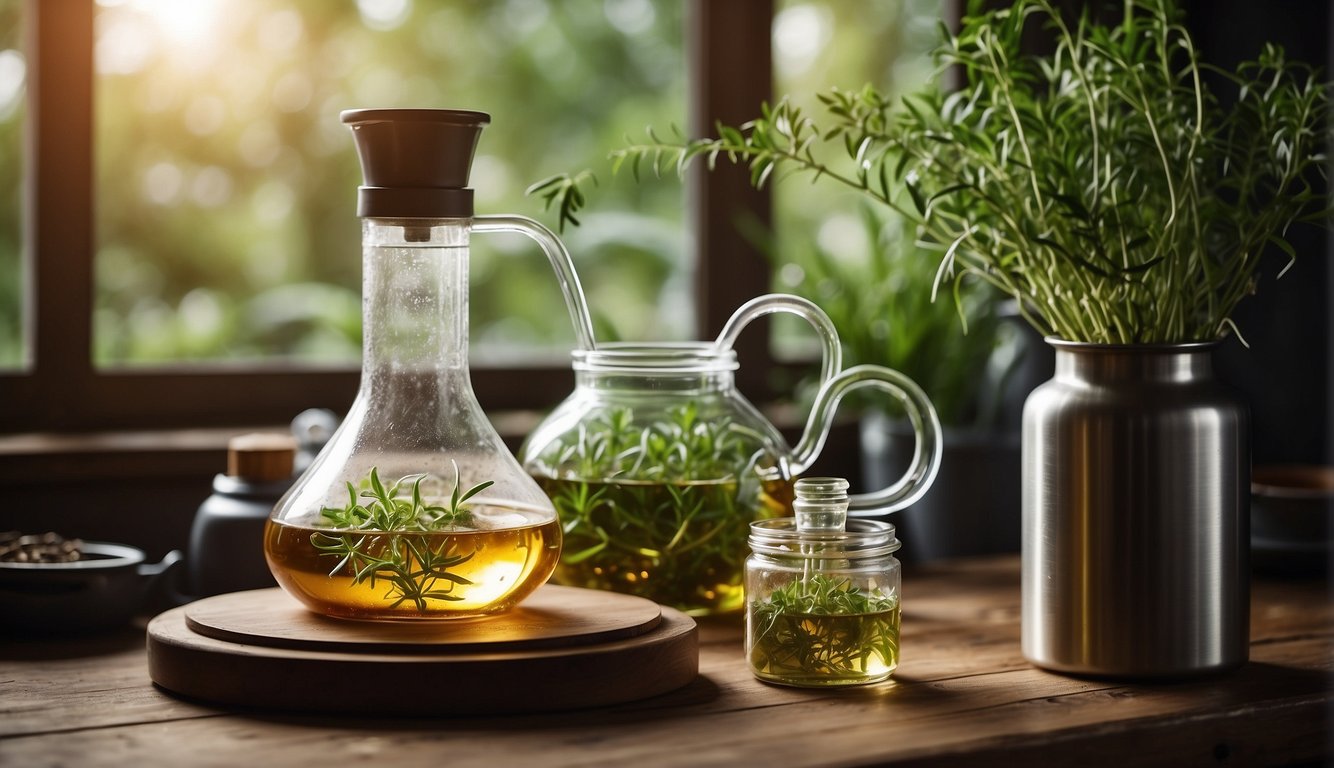 A glass container filled with herbal distillate sits on a wooden surface, surrounded by fresh herbs and other containers of herbal extracts.