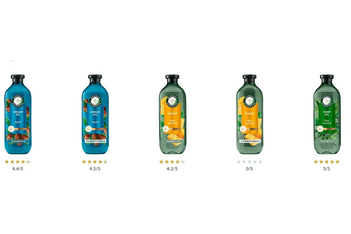 A collection of five Herbal Essences hair products with varying star ratings.