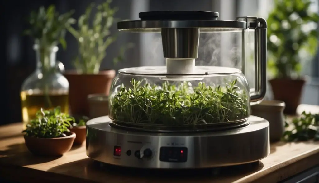 A herbal extraction machine on a wooden table, surrounded by potted herbs and a bottle of extracted oil.