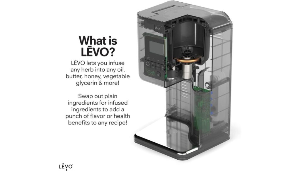 A transparent herbal extraction machine with a digital display and various components visible inside. The text next to the machine explains its functionality.