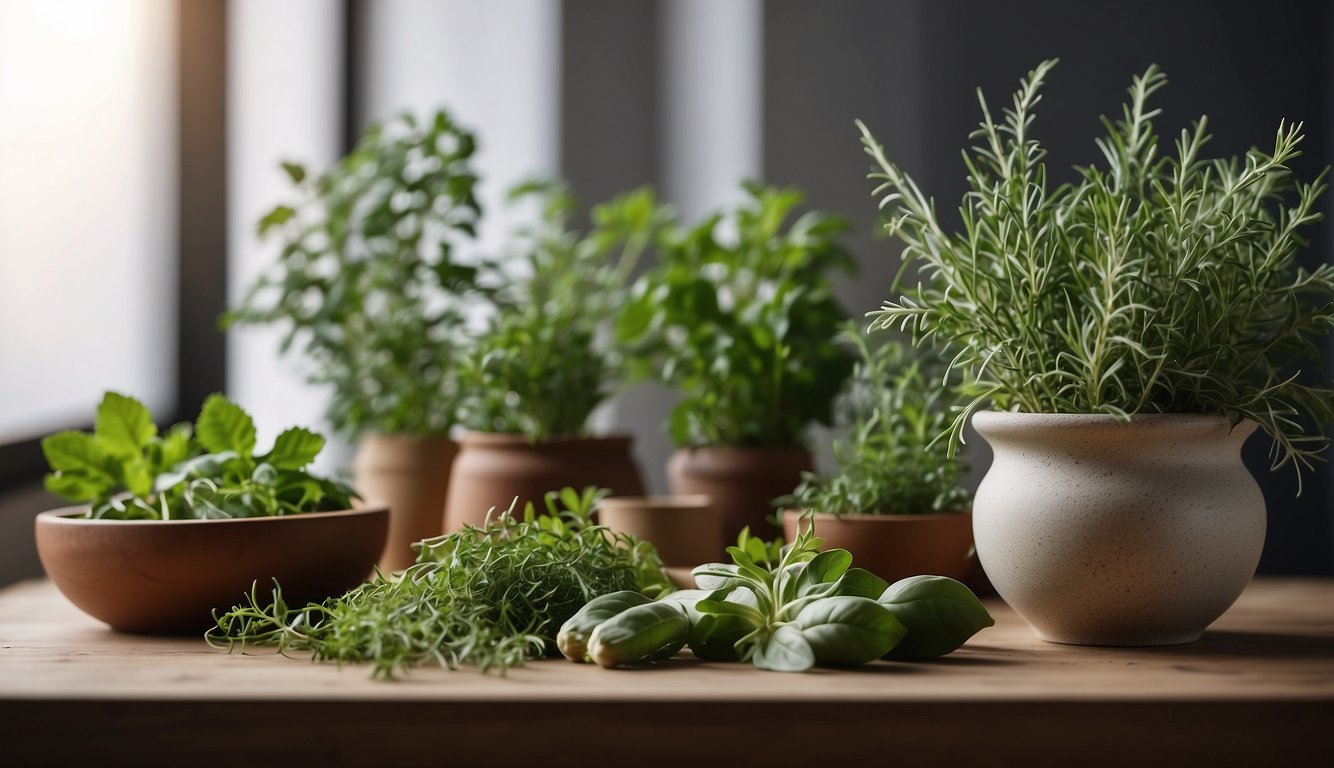 A variety of fresh herbs including mint, thyme, and basil displayed on a wooden surface with potted herbs in the background.