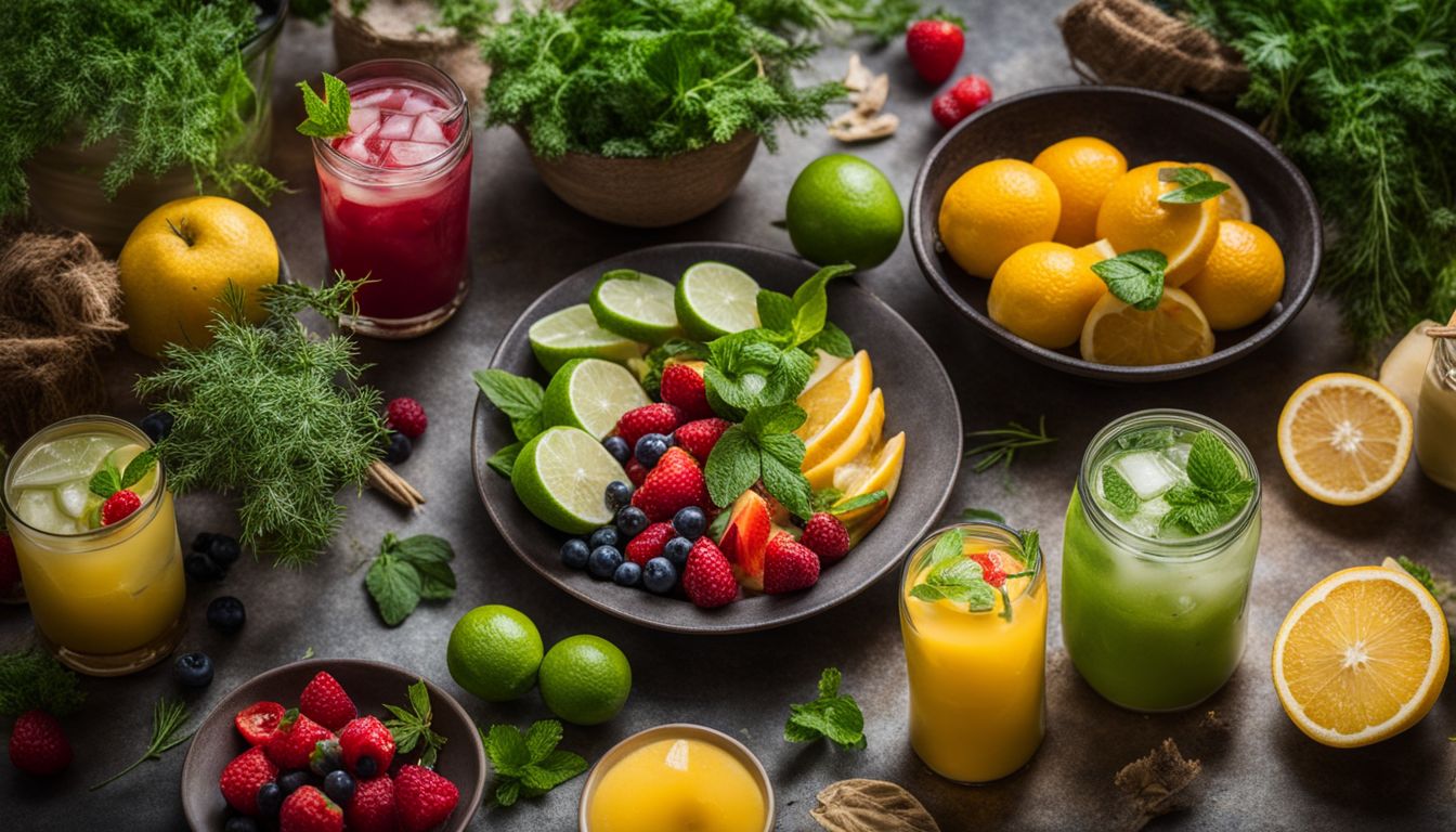 A variety of fresh herbal mocktails surrounded by vibrant, colorful fruits and herbs on a rustic table.