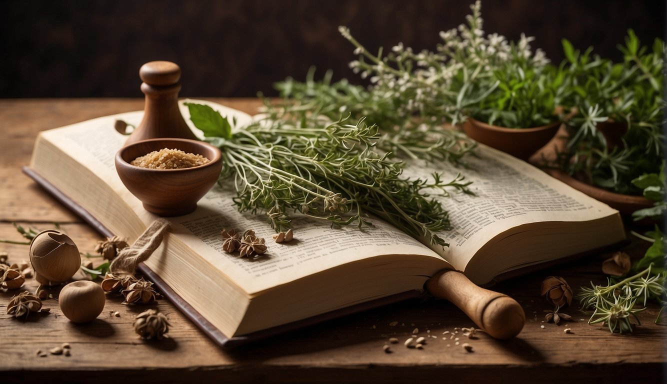 An open book surrounded by fresh herbs, seeds, and a wooden pestle and mortar on a rustic wooden table.