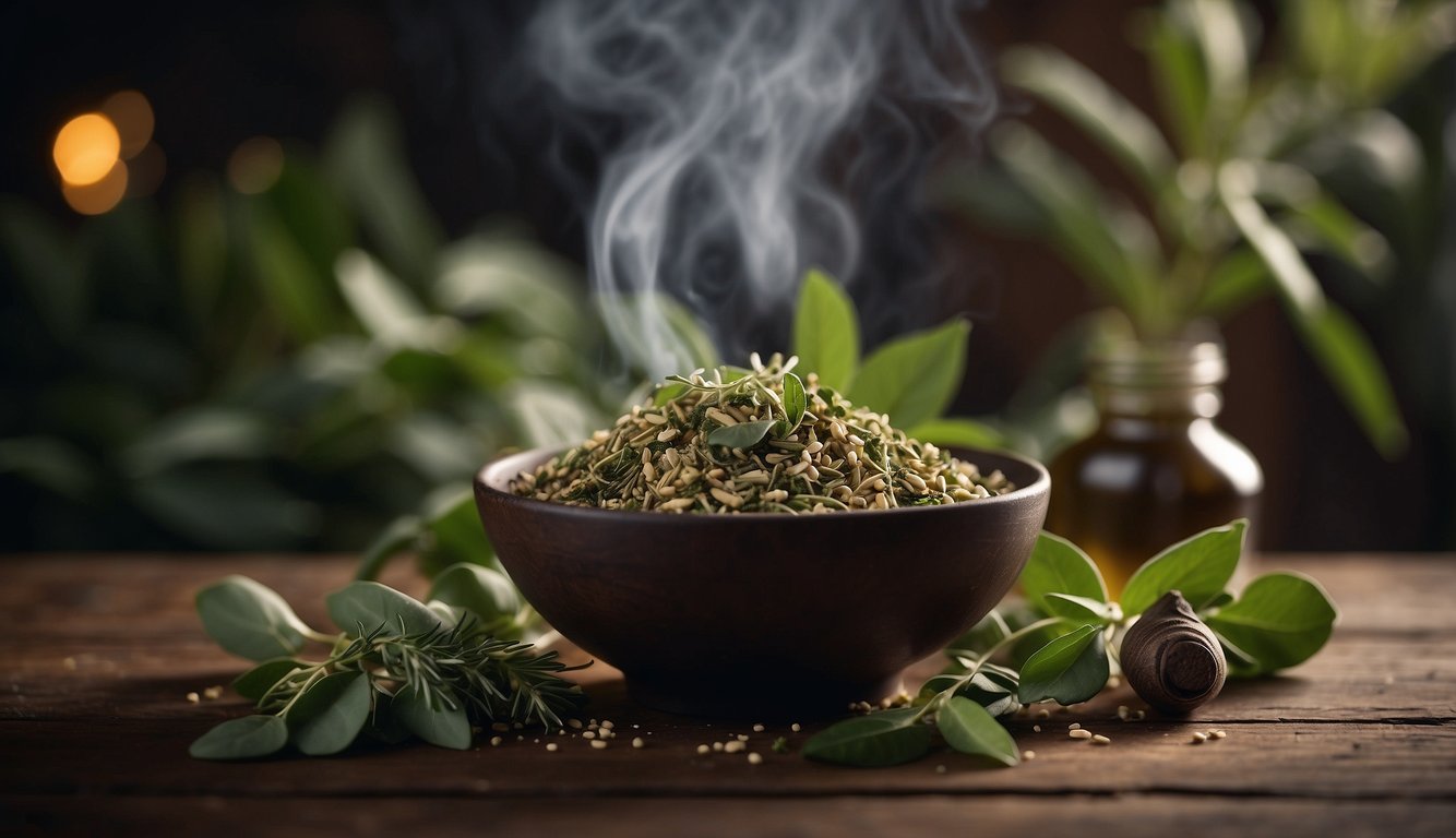 A bowl of mixed herbs emitting steam, surrounded by fresh green leaves and a bottle of herbal oil, set on a wooden surface.