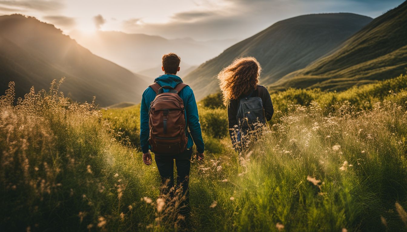 Two people walking through a lush green field surrounded by mountains, symbolizing the journey to quit smoking naturally with herbal remedies.
