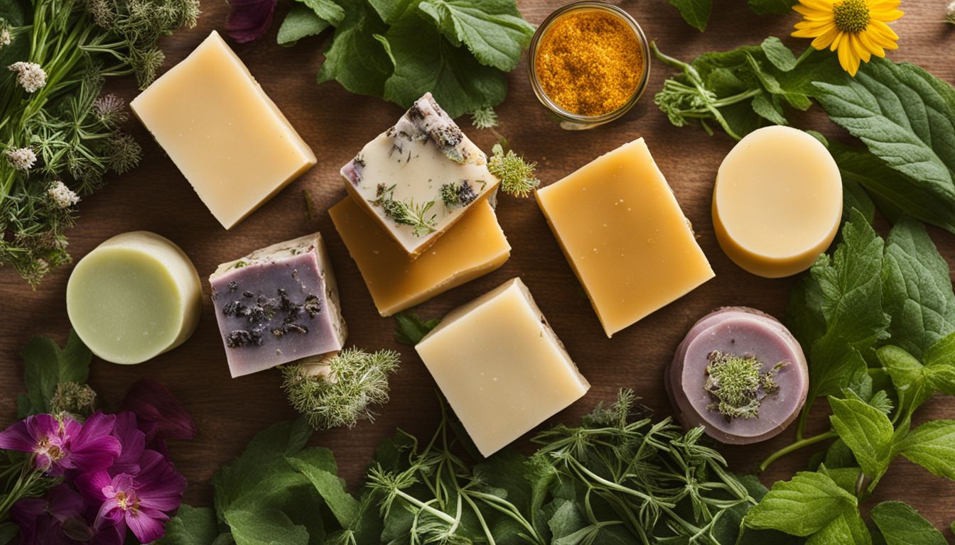 A variety of herbal soaps displayed with natural ingredients and flowers on a wooden surface.