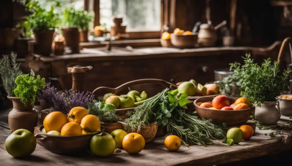 A rustic kitchen setting with fresh herbs and fruits, ingredients for making herbal syrup.