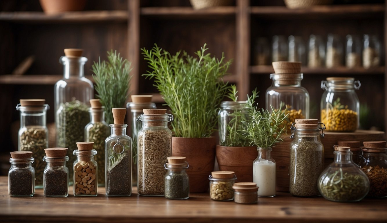 A collection of glass jars filled with various herbs and spices, alongside potted plants on a wooden shelf.