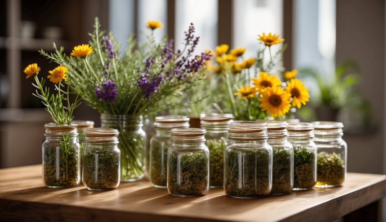 A collection of dried herbs in clear jars on a wooden table, with fresh flowers in the background.