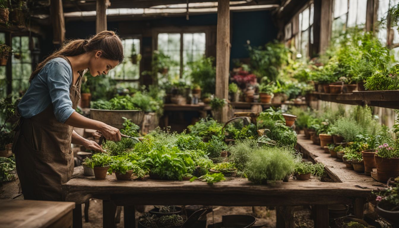A person tending to various green plants in a well-lit, rustic greenhouse.