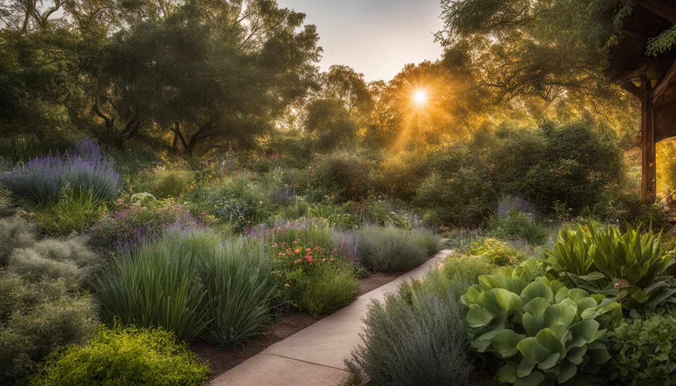 A lush garden in Los Angeles, filled with various herbal plants, bathed in the golden light of the setting sun.