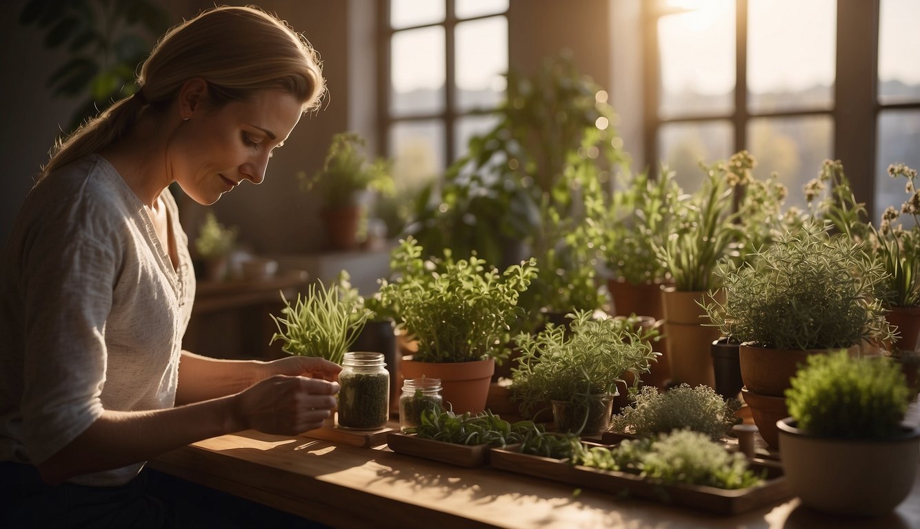 A person tending to an assortment of potted herbs on a wooden table, bathed in warm sunlight.