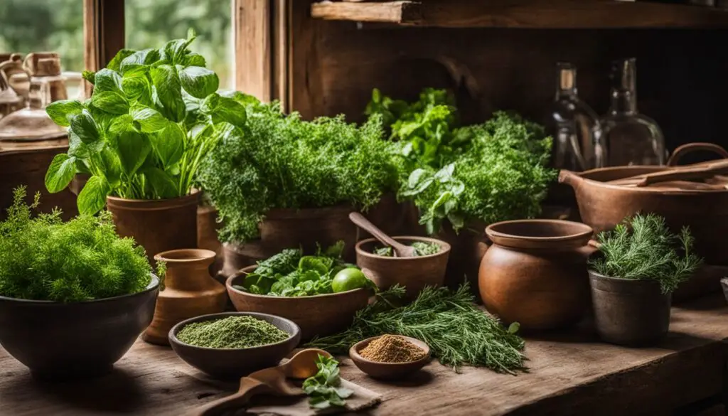 A collection of fresh herbs and spices on a wooden table, with basil, parsley, dill, and other greens in the foreground. Various clay bowls contain ground herbs and spices.