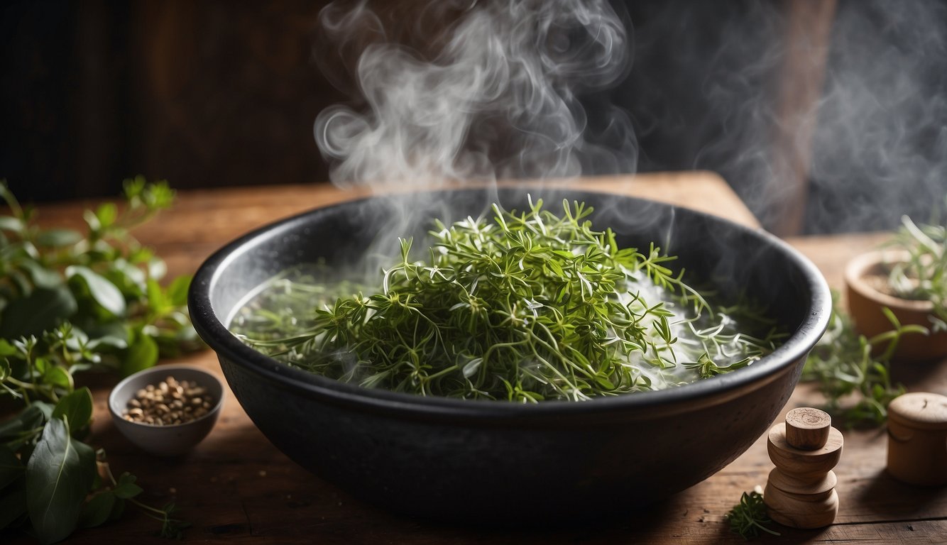 A bowl of steaming herbs surrounded by various herbal ingredients on a wooden table.