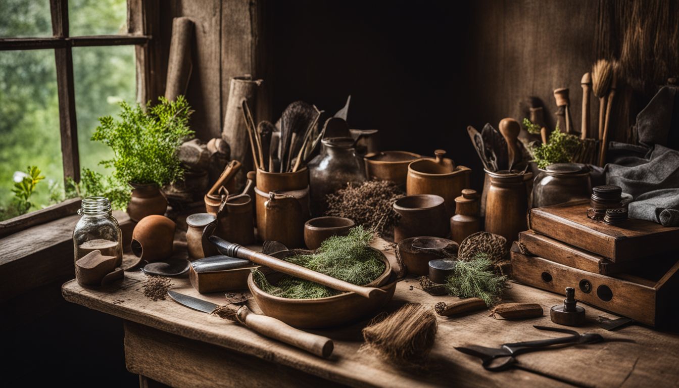 A collection of herbs, wooden bowls, brushes, and bottles on a rustic wooden table by a window, representing a herbalist starter kit.