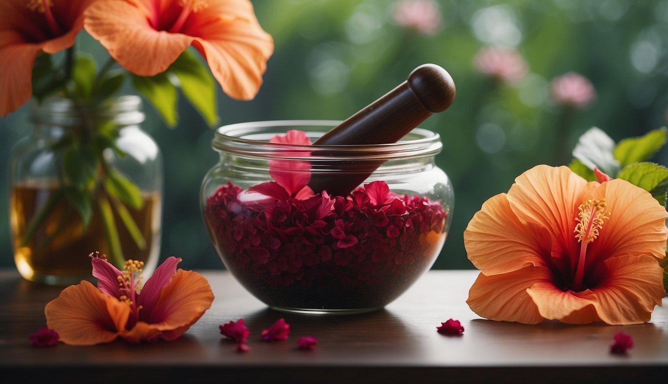 A glass jar filled with vibrant red hibiscus petals and a wooden pestle, surrounded by blooming orange hibiscus flowers, with a blurred green natural background.