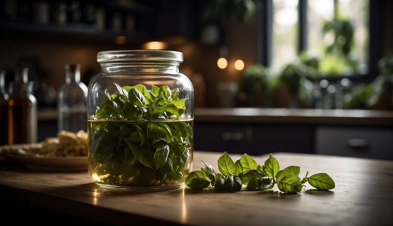 A glass jar filled with fresh green holy basil leaves, placed on a wooden surface with more leaves scattered around, and bottles in the background.