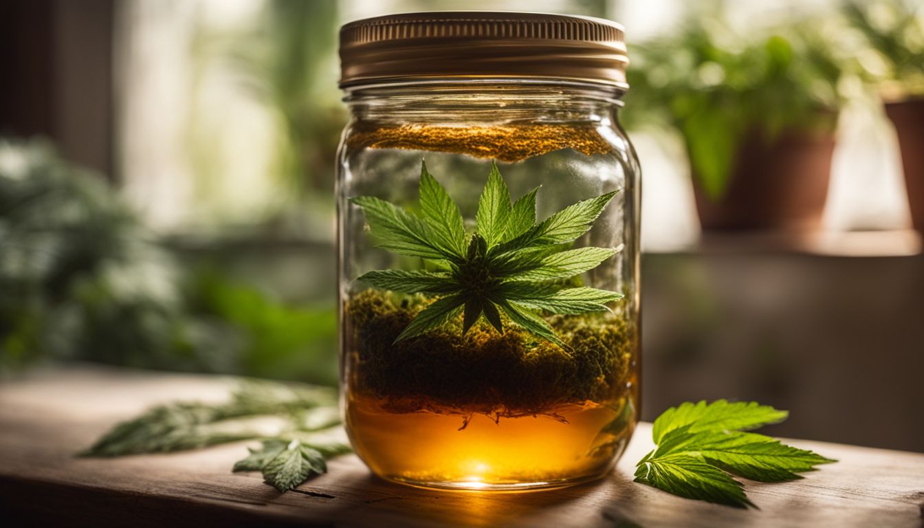 A glass jar with golden honey tincture infused with green cannabis leaves, placed on a wooden surface with more leaves and potted plants in the background.