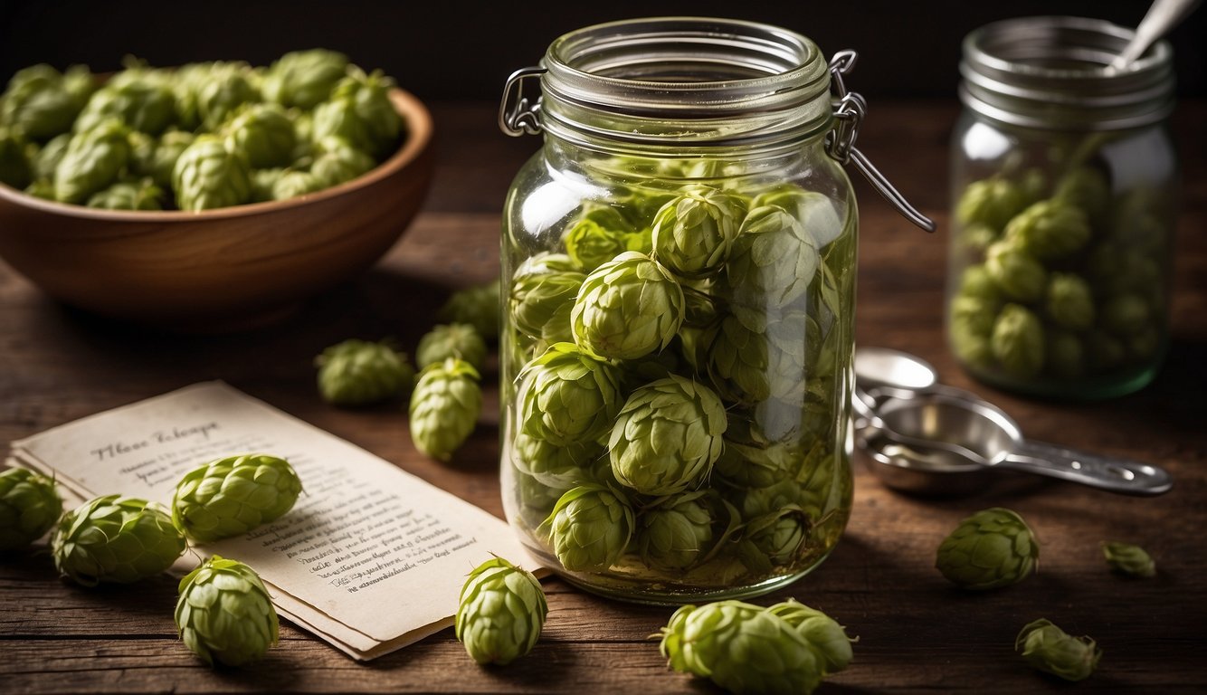 A glass jar filled with green hops sits on a wooden table, surrounded by scattered hops, a bowl of hops, another jar, and a recipe card titled “Hops Tincture.”