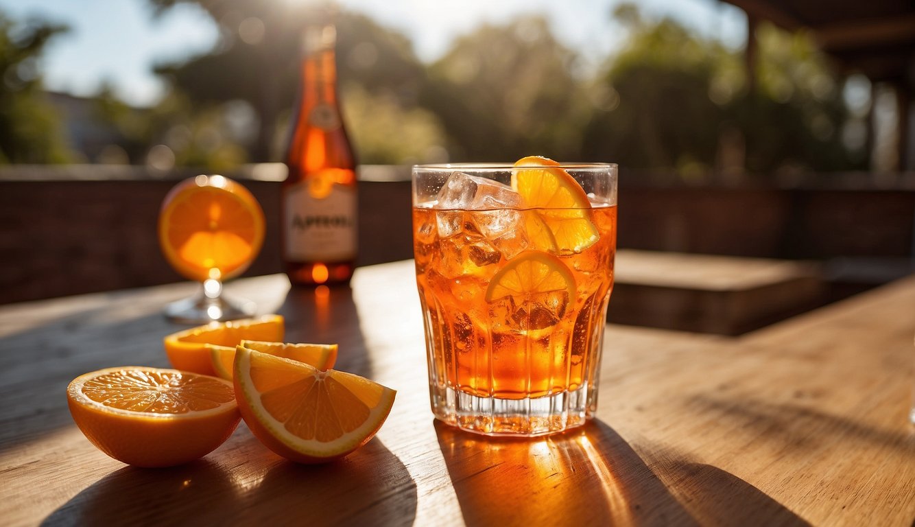 A refreshing glass of Aperol spritz with ice and orange slices, accompanied by a bottle of Aperol and fresh orange wedges, set on a wooden table bathed in golden sunlight.