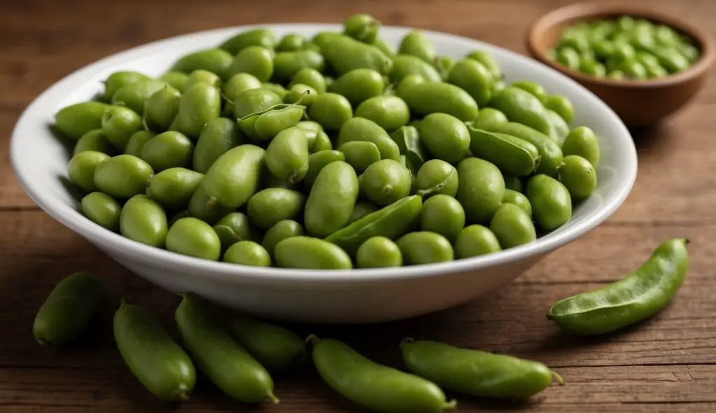 A bowl of fresh green edamame beans on a wooden table, with some beans scattered around and another smaller bowl filled with shelled edamame in the background.