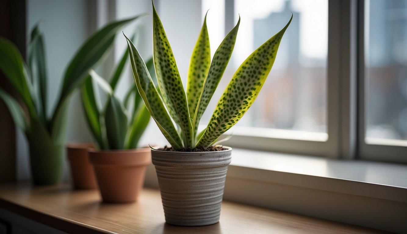 A snake plant with green and yellow leaves in a grey pot, placed on a wooden surface near a window.