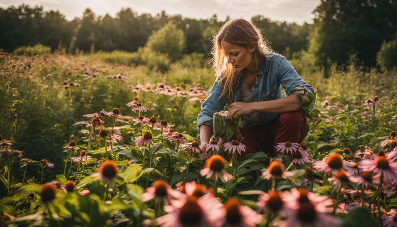 A person harvesting echinacea flowers in a lush field.