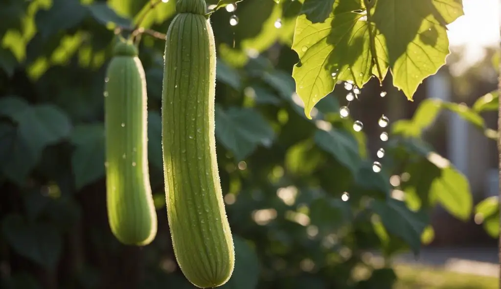 Two green luffa gourds hanging from a vine with water droplets on them, illuminated by sunlight.