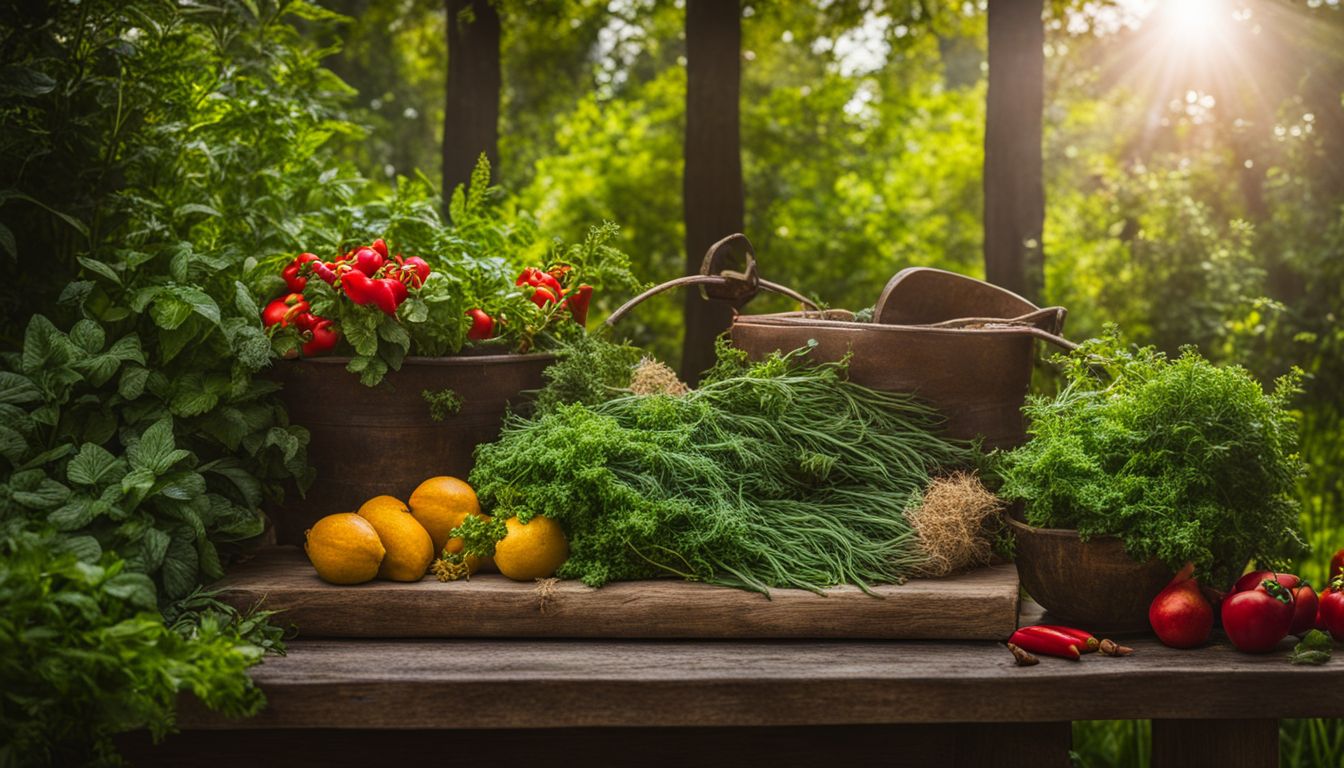A variety of fresh herbs and vegetables on a wooden table, bathed in natural sunlight, showcasing the abundance and vitality of a successful garden in Florida.