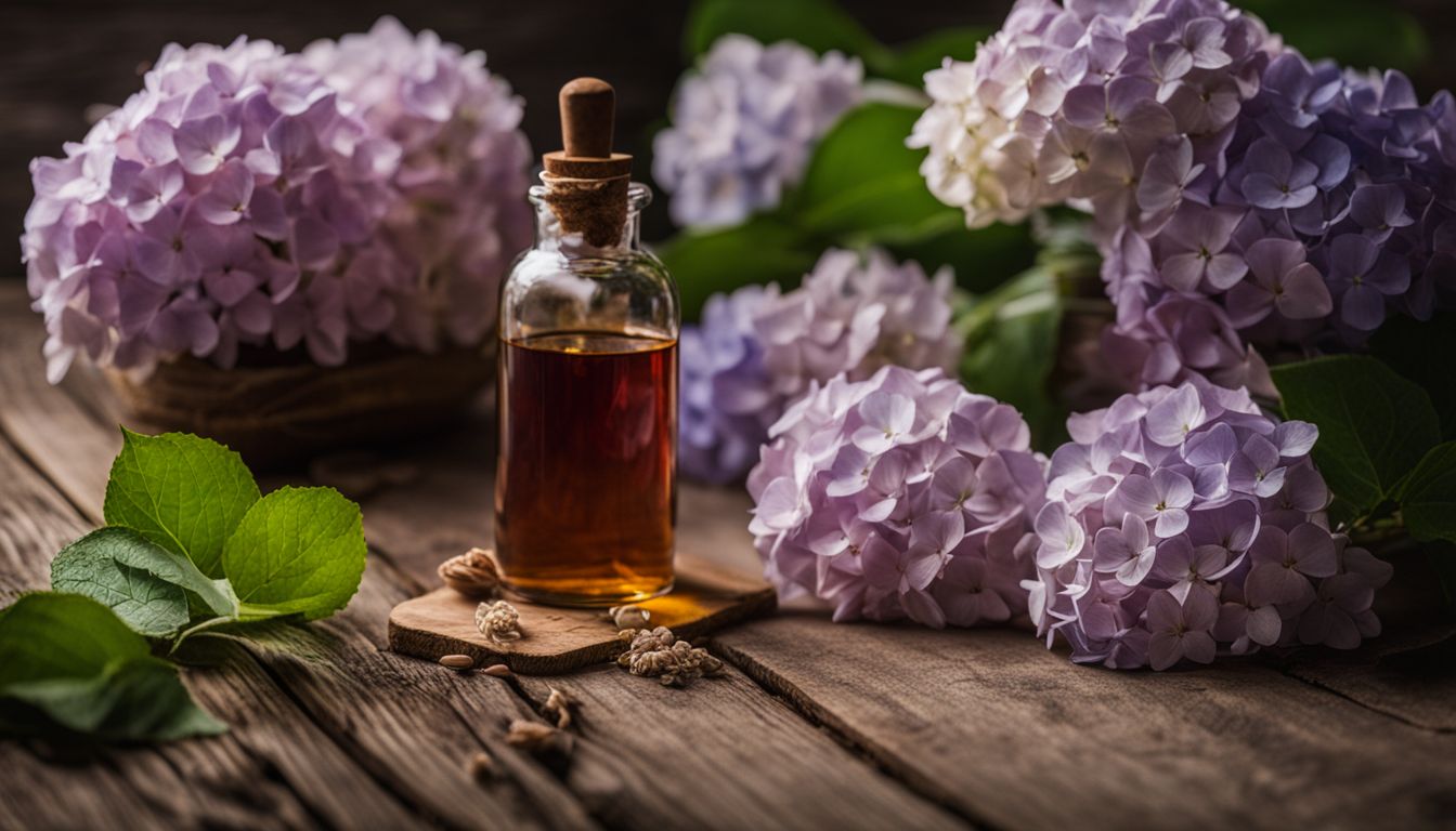 A bottle of Hydrangea Root Tincture surrounded by fresh hydrangea flowers on a wooden surface.