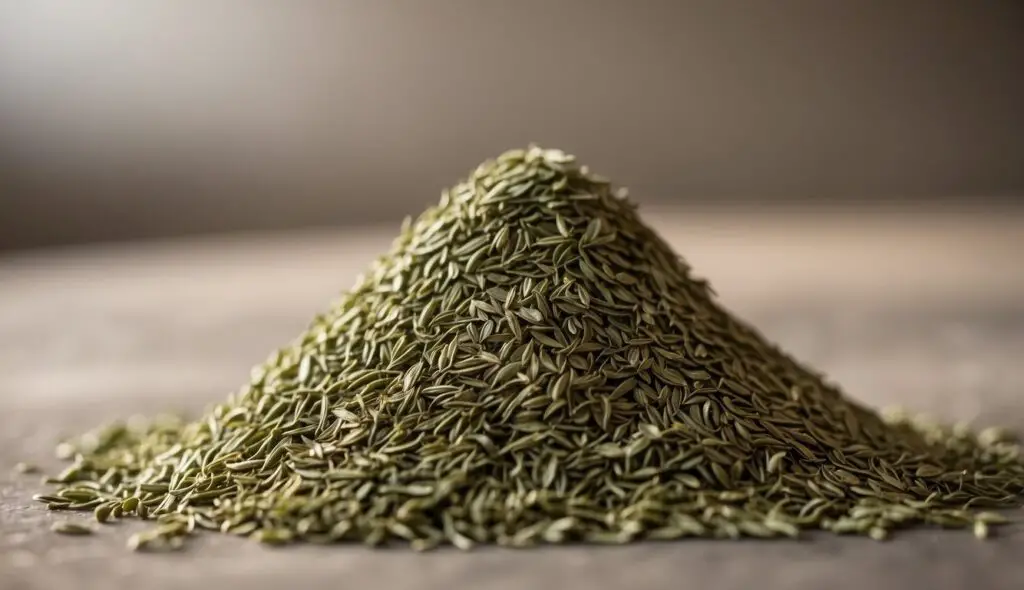 A close-up image of a pile of dried dill seeds on a surface.
