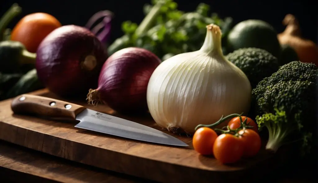 A variety of fresh vegetables including a sliced onion, red onions, tomatoes, broccoli, and zucchini on a wooden cutting board with a knife.