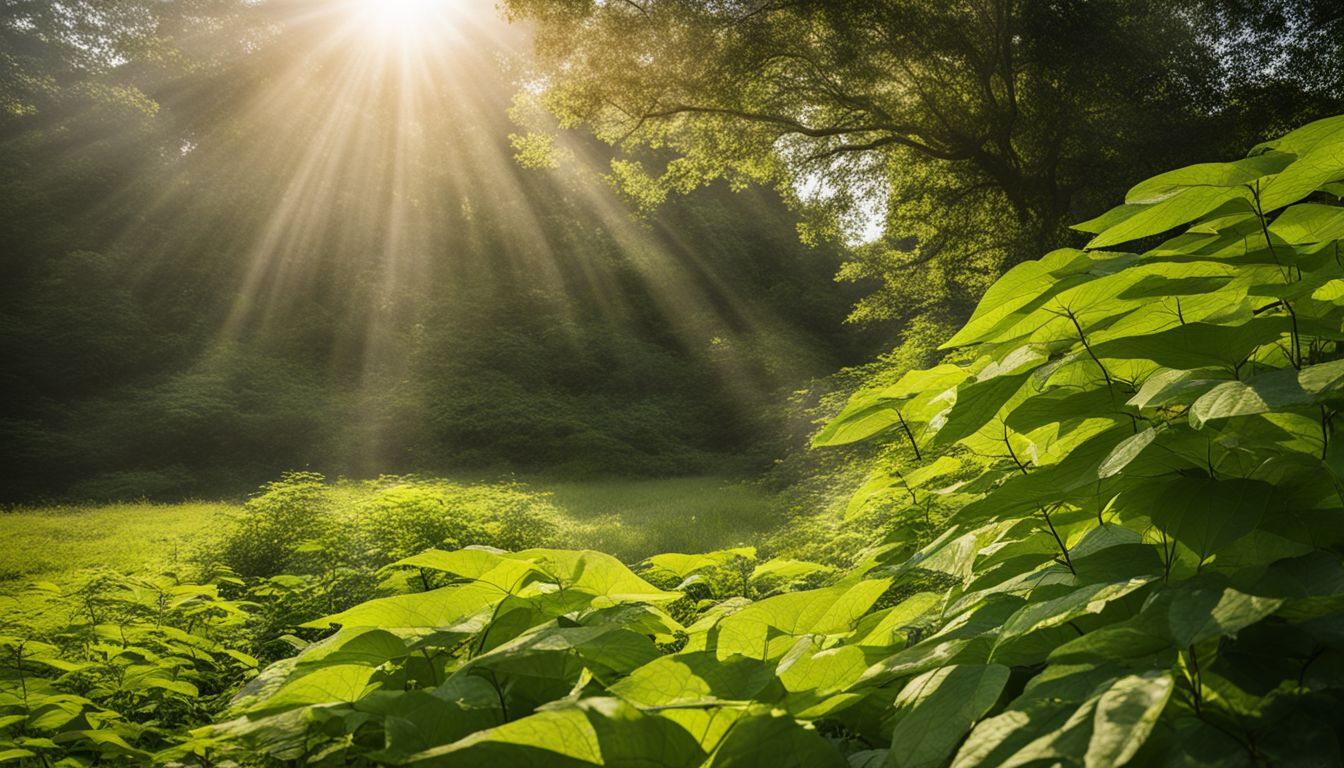 A lush green field of Japanese Knotweed under the radiant sun, casting a warm glow that illuminates the vibrant green leaves.